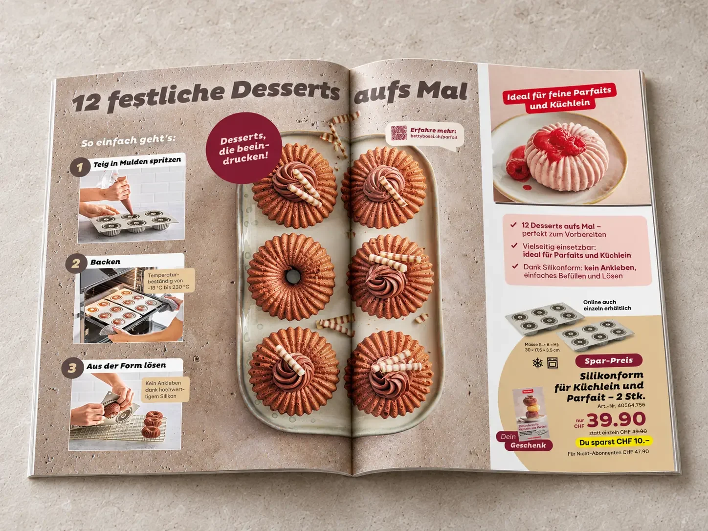 Betty-Bossi-Doppelseite «12 festliche Desserts aufs Mal» mit Dessertwelt, Anwendung und Produktangebot