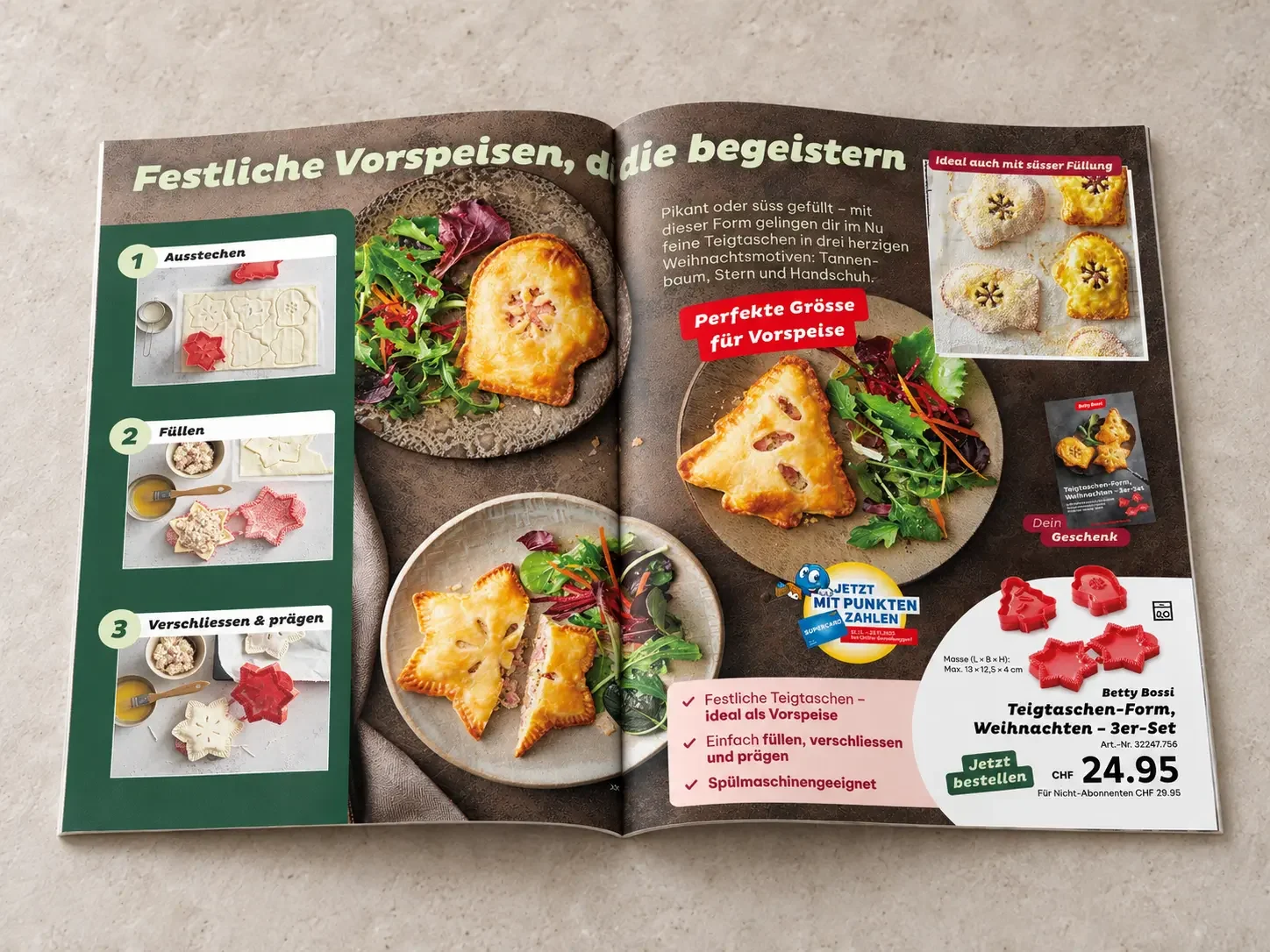 Betty-Bossi-Doppelseite «Festliche Vorspeisen, die begeistern» mit herzhafter Weihnachtswelt, Anwendung und Produkt