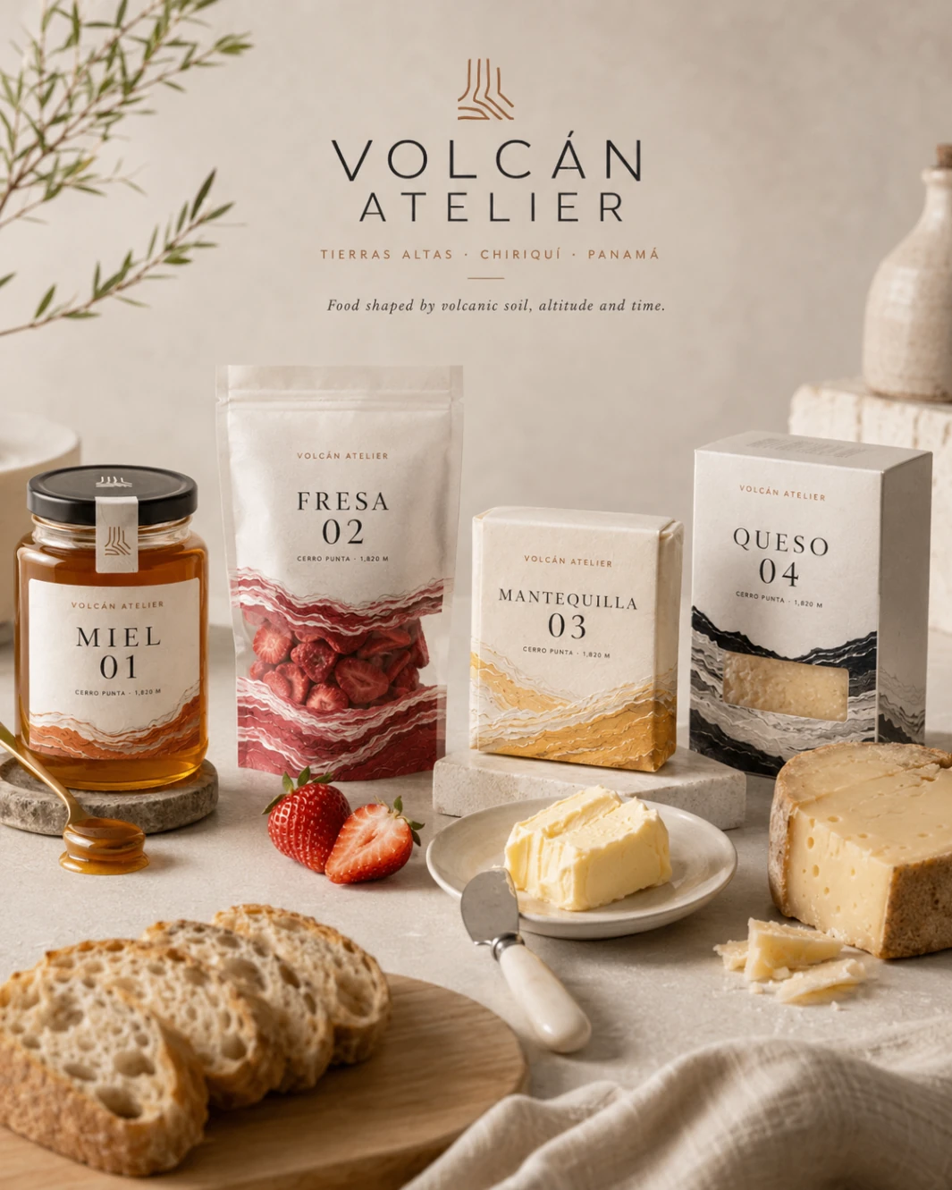 Helle VOLCÁN-ATELIER-Produktfamilie mit Honig, Fresa, Butter und Käse