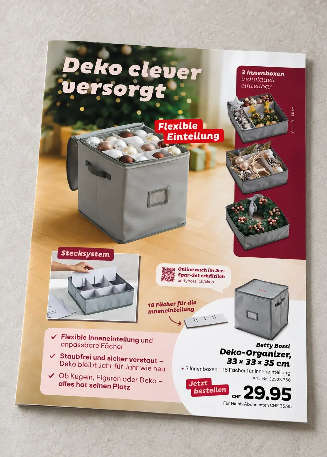 Rückseite der Betty-Bossi-Weihnachtskampagne «Deko clever versorgt» mit Weihnachts-Organizer
