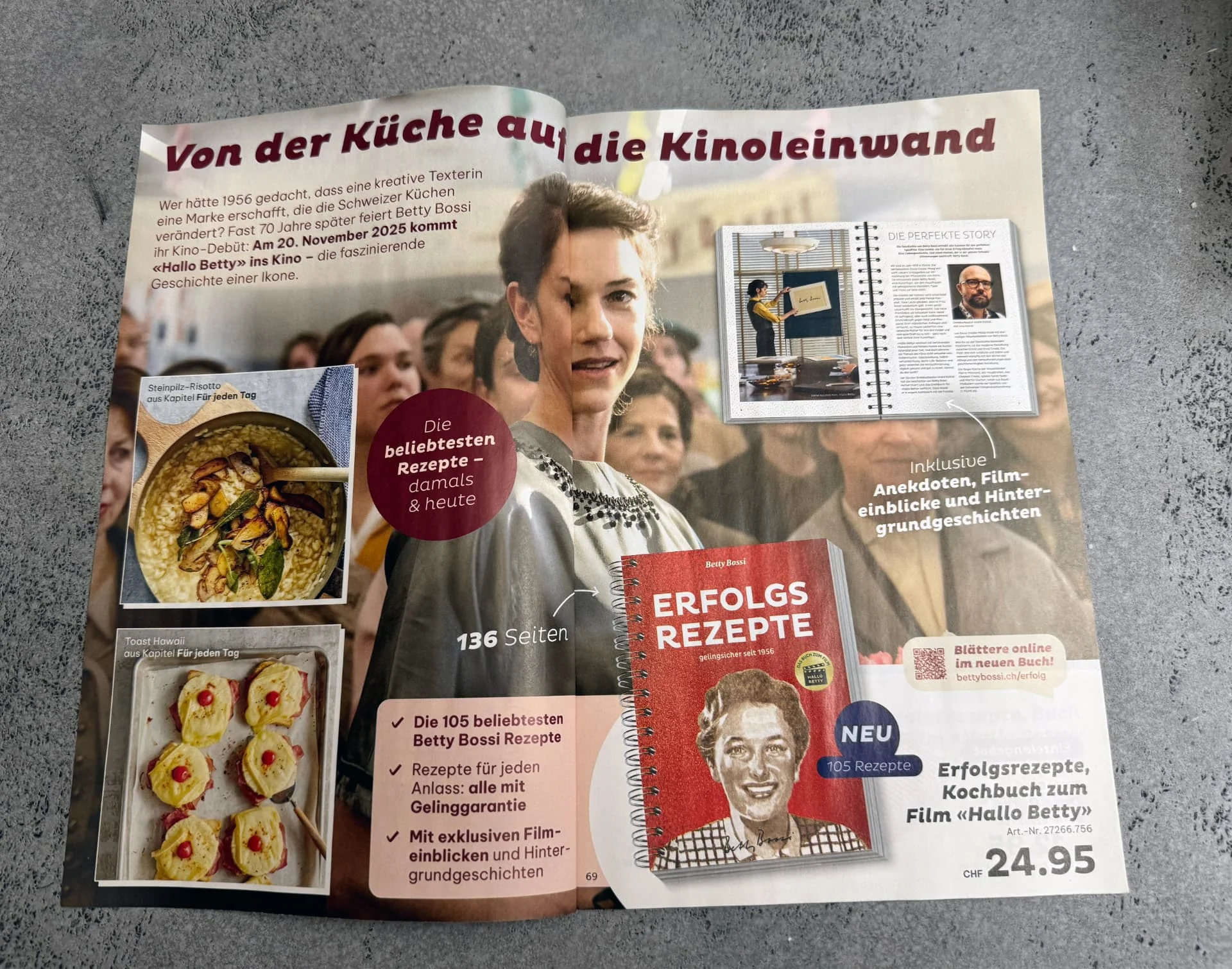 Doppelseite des Flyers mit Filmgeschichte, Kochbuch, Rezepten und Angebot