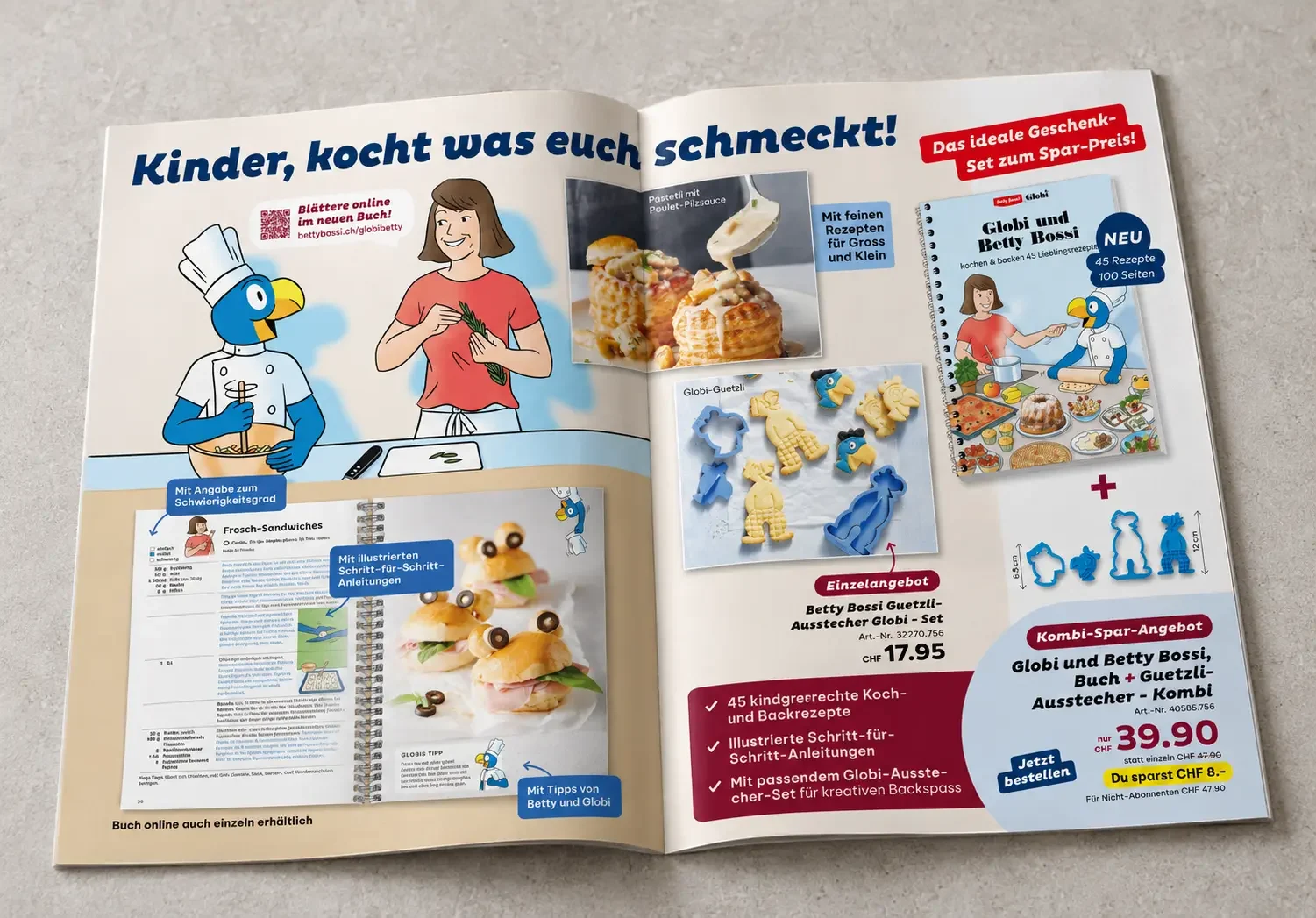 Betty-Bossi-Doppelseite «Kinder, kocht was euch schmeckt!» mit Globi, Betty Bossi, Kochbuch und Guetzli-Ausstechern