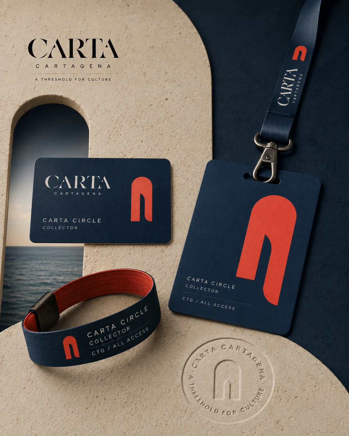 CARTA Circle Collector Card mit Lanyard und Wristband in Dunkelblau und Korallrot