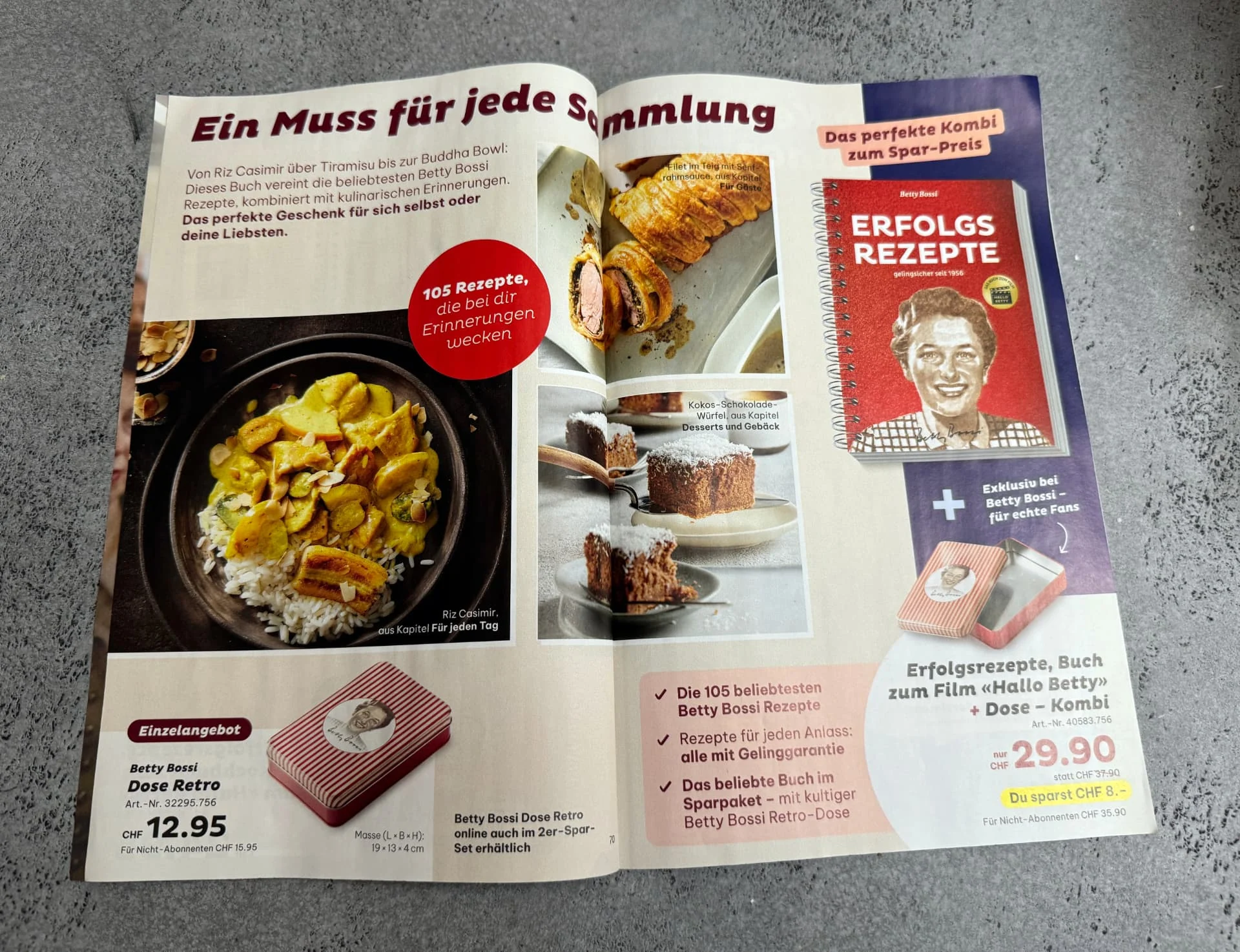 Doppelseite des Betty-Bossi-Flyers mit Rezepten, Kochbuch und weiteren Angeboten