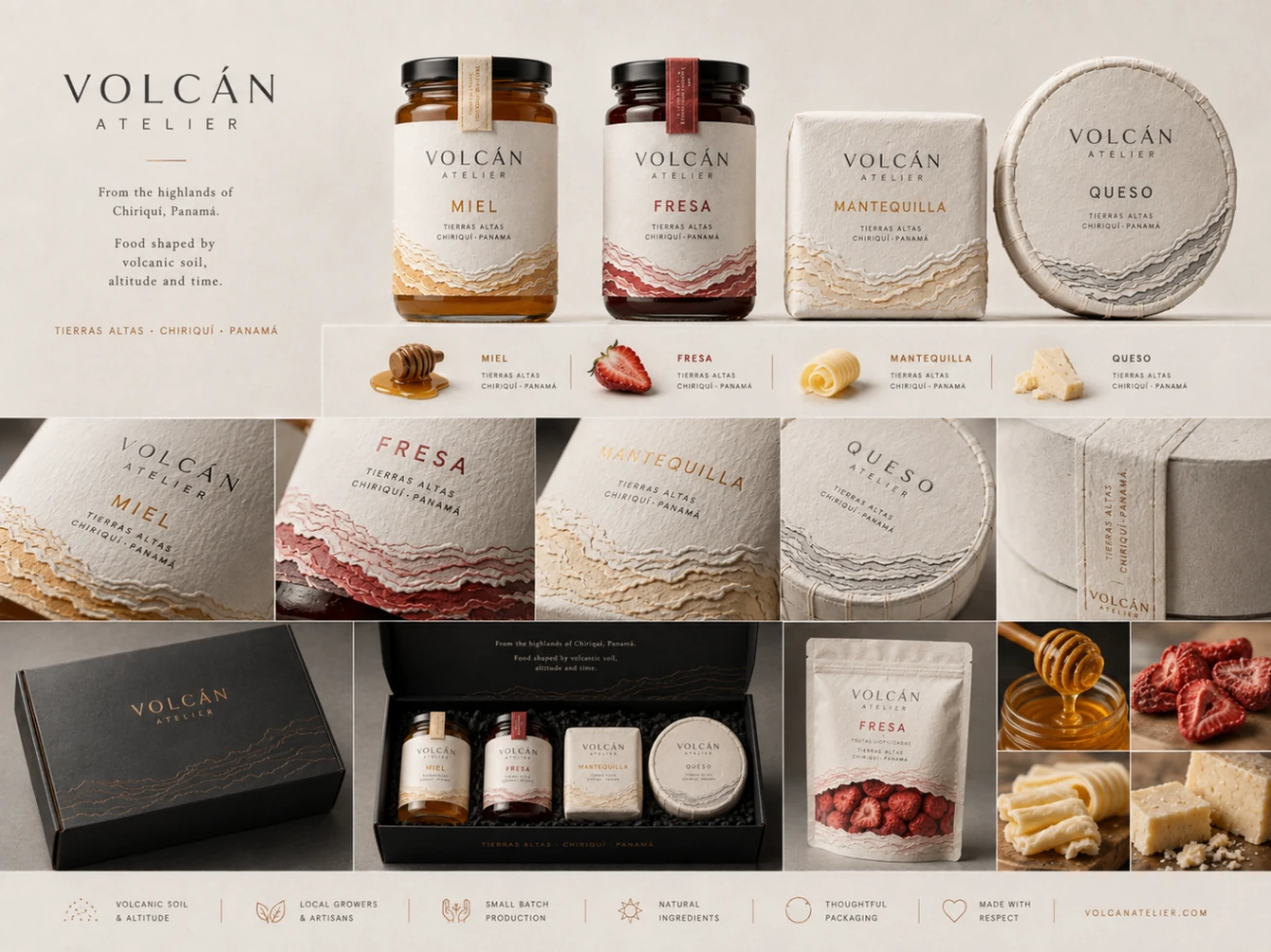VOLCÁN-ATELIER-Brand-System mit Produktfamilie, Materialdetails, Sortencodierung und Geschenkset