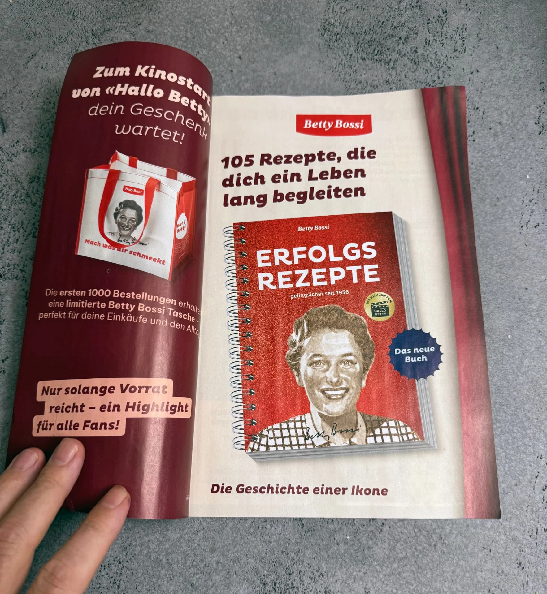 Doppelseite des Betty-Bossi-Flyers mit Kochbuch, Geschenk und Angebot