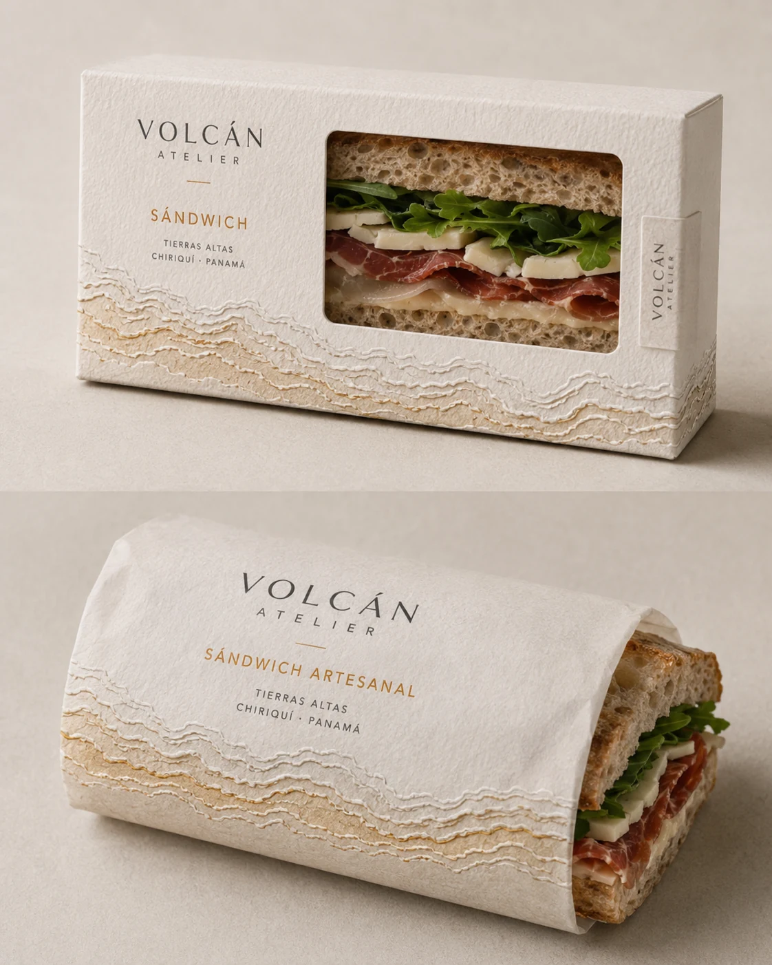 VOLCÁN ATELIER Sandwich-Verpackung mit Produktfenster und geologischer Reliefstruktur