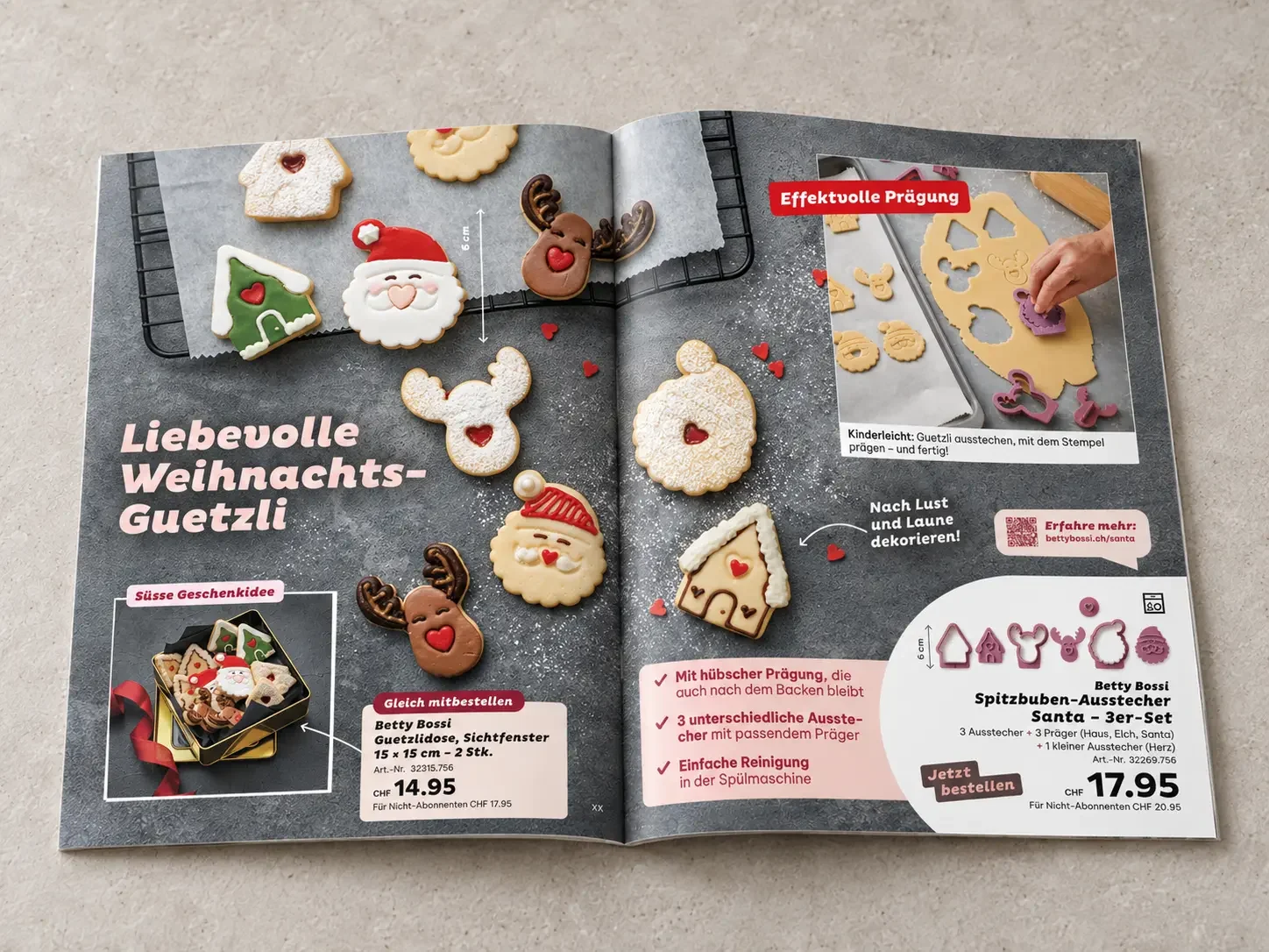 Geöffnete Betty-Bossi-Doppelseite «Liebevolle Weihnachts-Guetzli» mit dekorierten Guetzli, Anwendung und Produktangebot