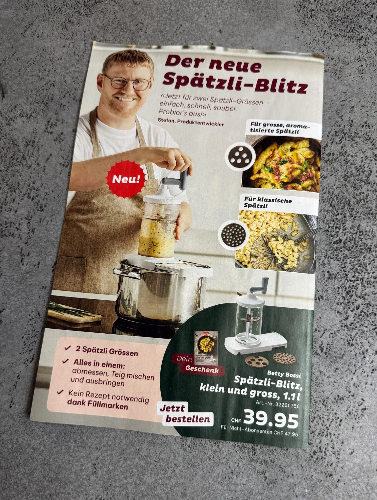 Produktseite des Betty-Bossi-Flyers für den Spätzli-Blitz