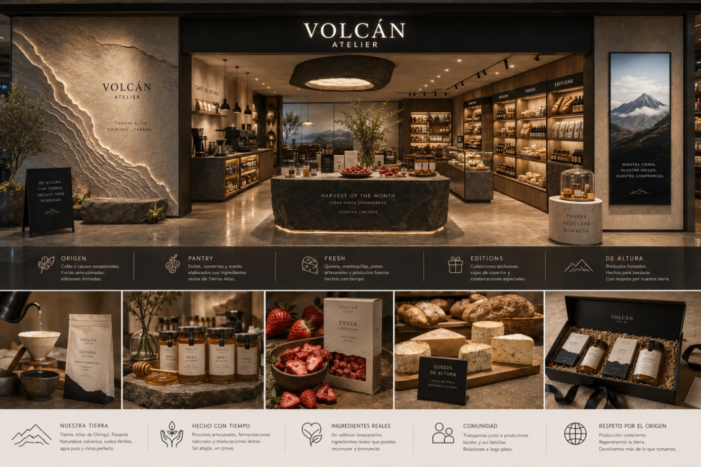 VOLCÁN-ATELIER-Retail-Concept mit Café, Produktregalen, Verkostung und Herkunftskommunikation