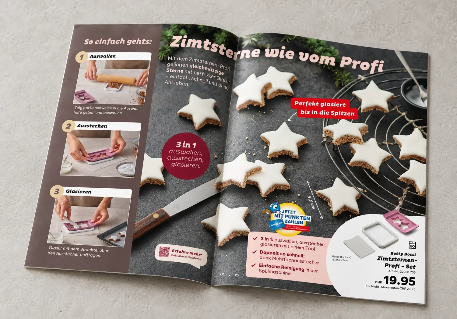 Betty-Bossi-Doppelseite «Zimtsterne wie vom Profi» mit Foodfotografie und Drei-Schritt-Anwendung