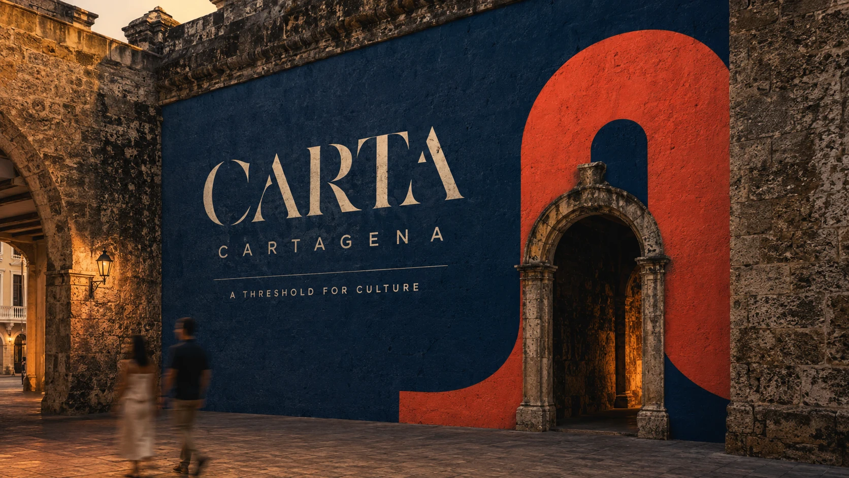 CARTA-Wandgestaltung mit rotem Bogenzeichen und dem Leitsatz A Threshold for Culture