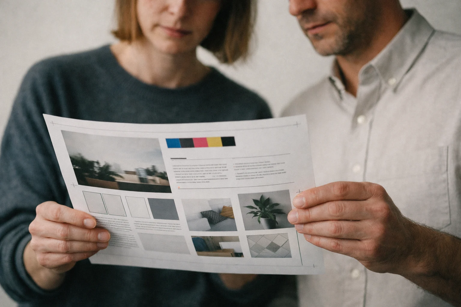 Layoutbogen einer Publikation mit Musterseiten und Typografiehierarchie