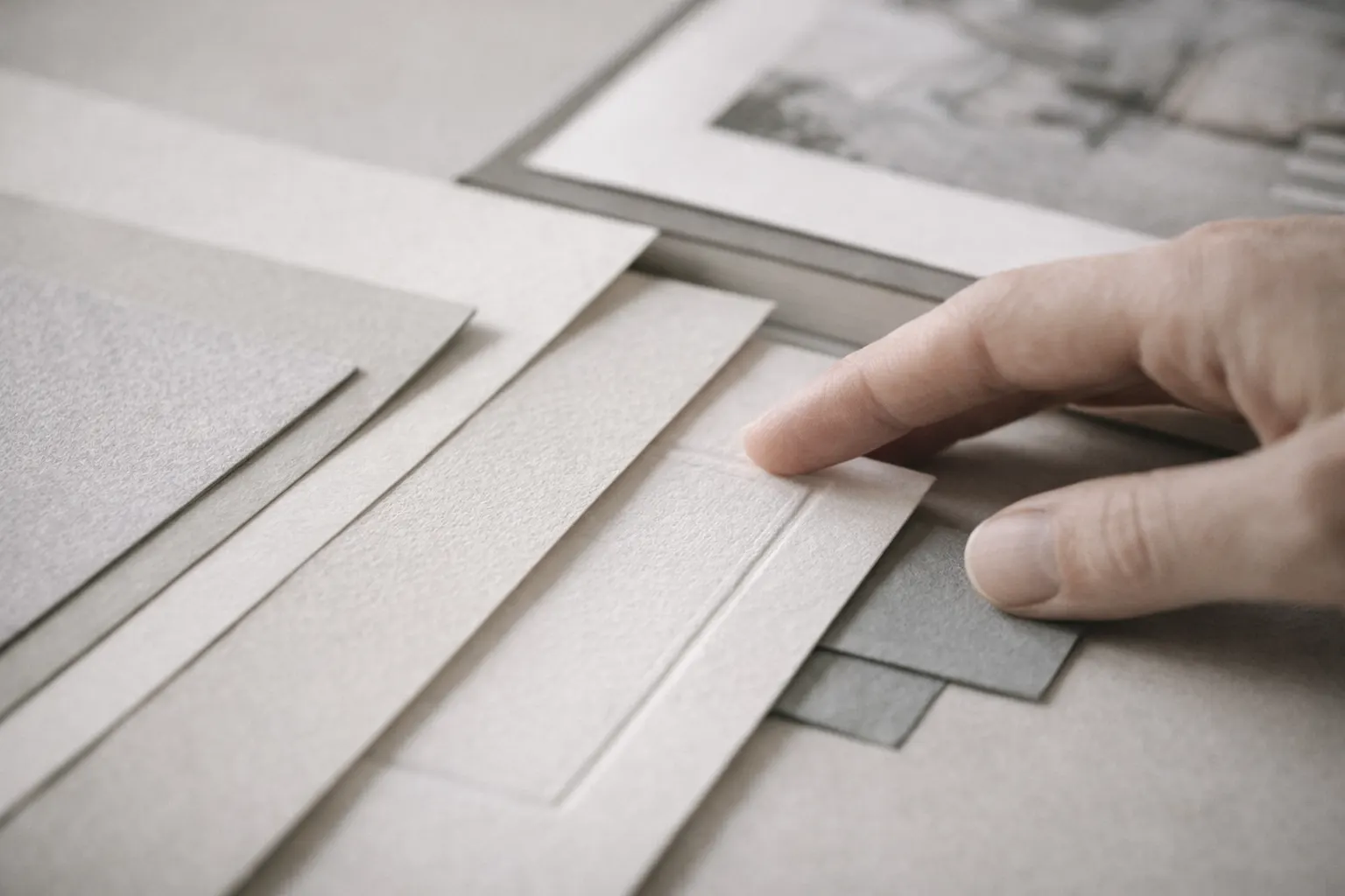 Auswahl von Papier, Oberflächen und Materialmustern für eine Katalogproduktion